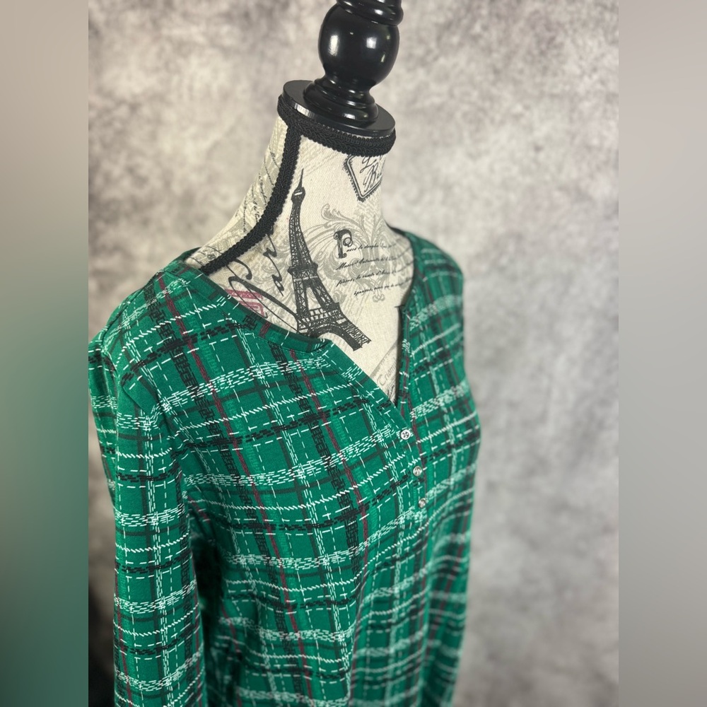 Karen Scott Green/Red Christmas Plaid Buttoned V-Neck Long Sleeve Tunic Size L - Picture 7 of 10